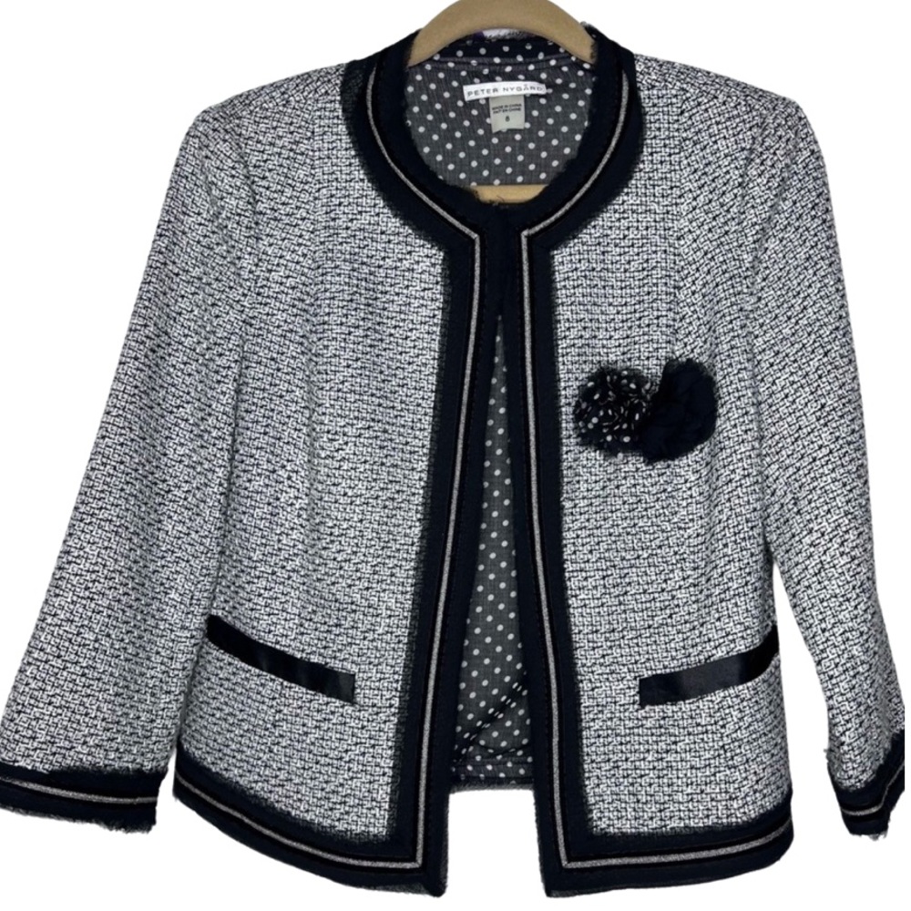 NWT Peter Nygard Jacket Blazer Black White Lined Knit Print Lightweight Size 8